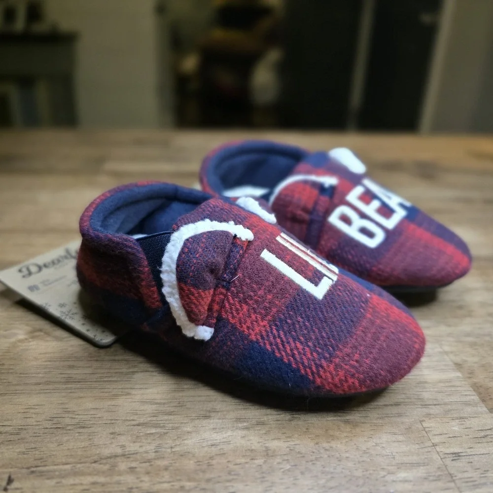 Dearfoams Lil Bear Slippers Toddler 7/8 Red Navy Buffalo Plaid Memory Foam NEW